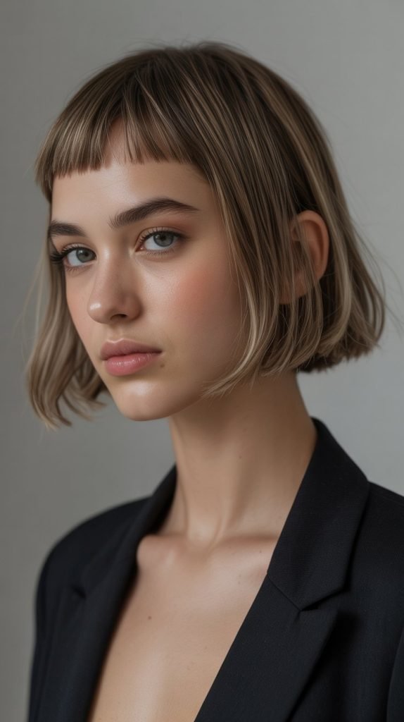 Chin-Length Bob with Textured Ends and Micro Bangs
