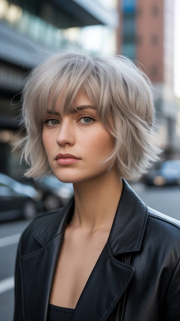 Choppy Layered French Bob with Ash Blonde Bangs