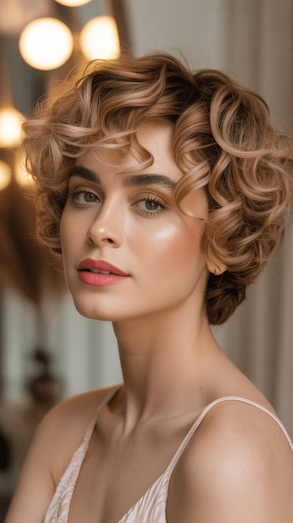 Romantic Curly Pixie with Long Bangs