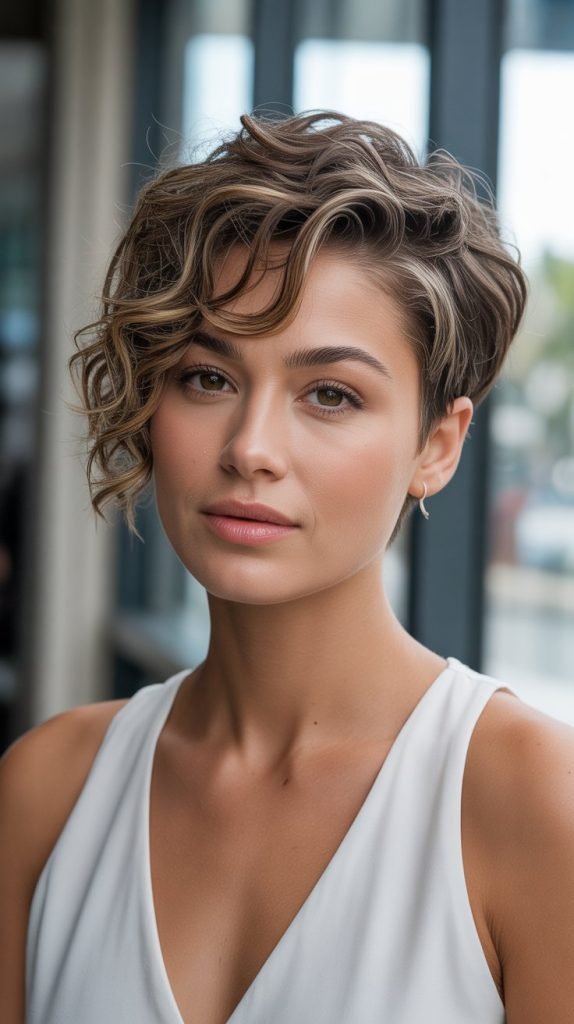 Layered Curly Pixie with Side Sweep