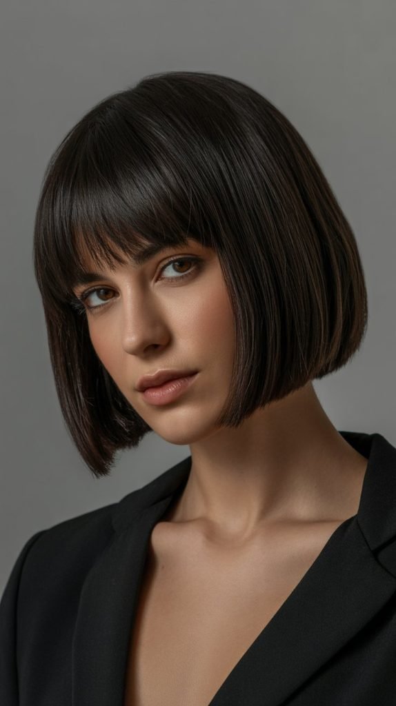 Blunt Cut Chin Bob with Thick Curtain Bangs