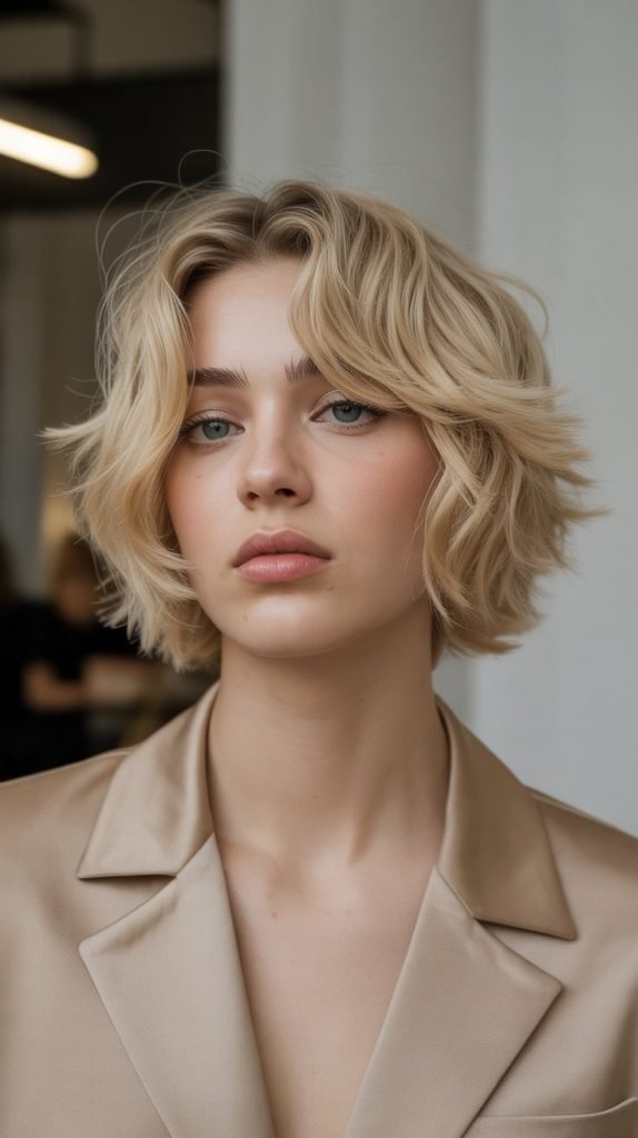 Nude Blonde Shaggy French Bob for Modern Minimalism