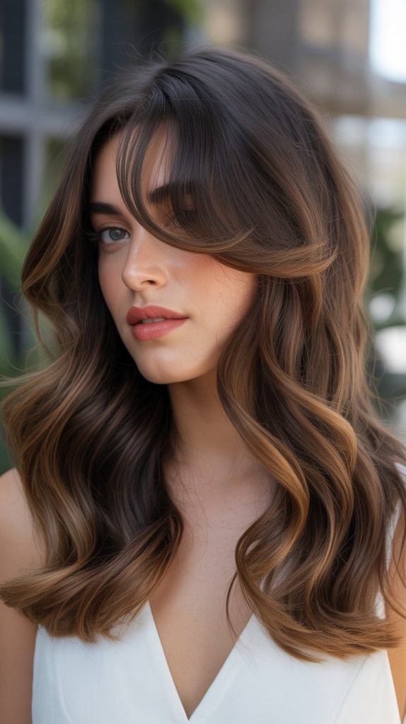 21. Pecan Balayage with Swooped Bangs