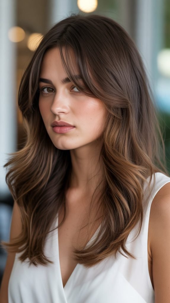 25. Cognac Balayage with Feathered Fringe