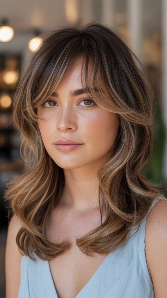 15. Butterscotch Balayage with Graduated Bangs