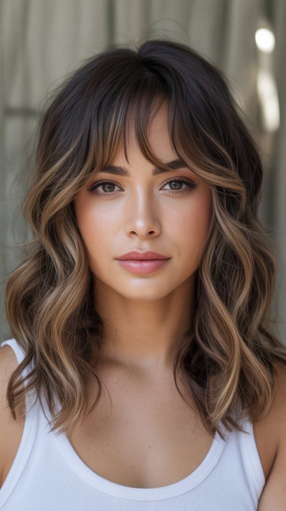 8. Toffee Balayage with Baby Bangs