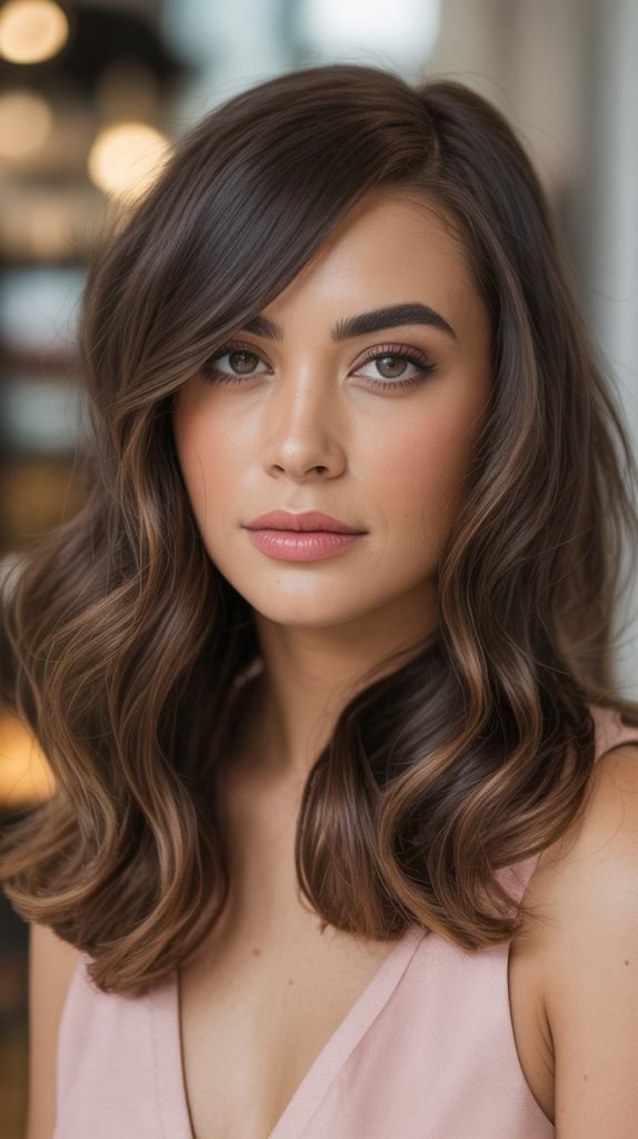 3. Chocolate Brown Balayage with Side-Swept Bangs