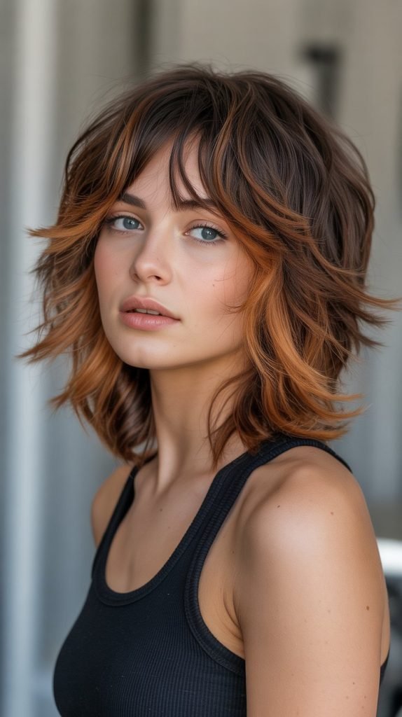 16. Copper Balayage with Shag Bangs