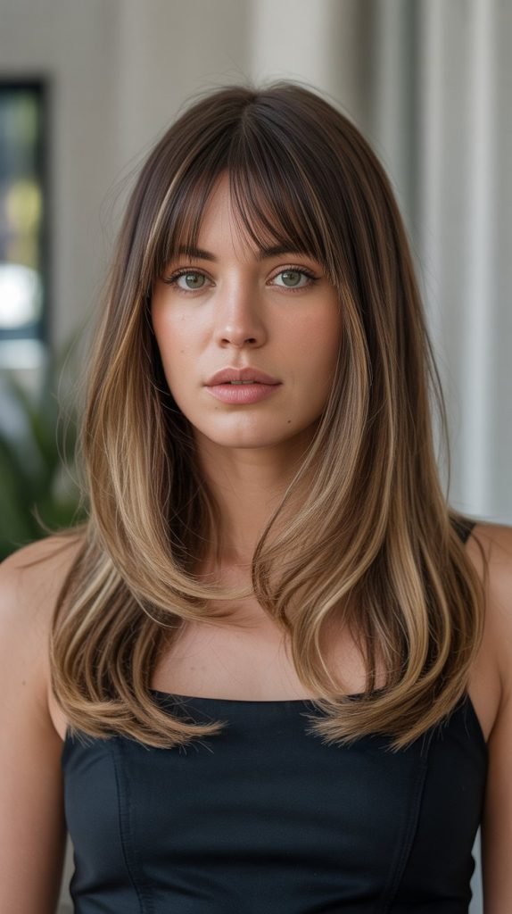 2. Honey Blonde Balayage with Blunt Bangs
