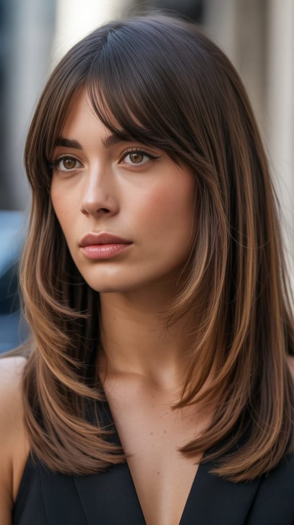 13. Mocha Balayage with Asymmetrical Bangs