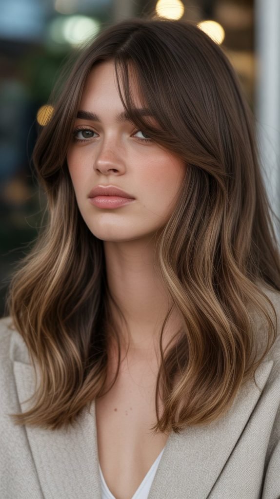 17. Bronzed Balayage with Soft Fringe