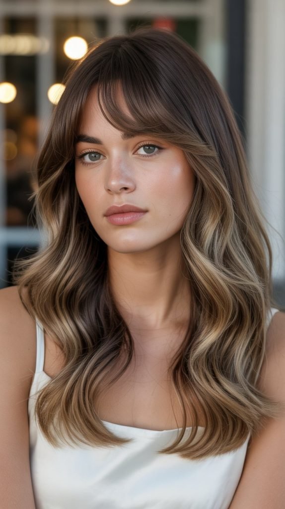 20. Vanilla Balayage with Rounded Bangs