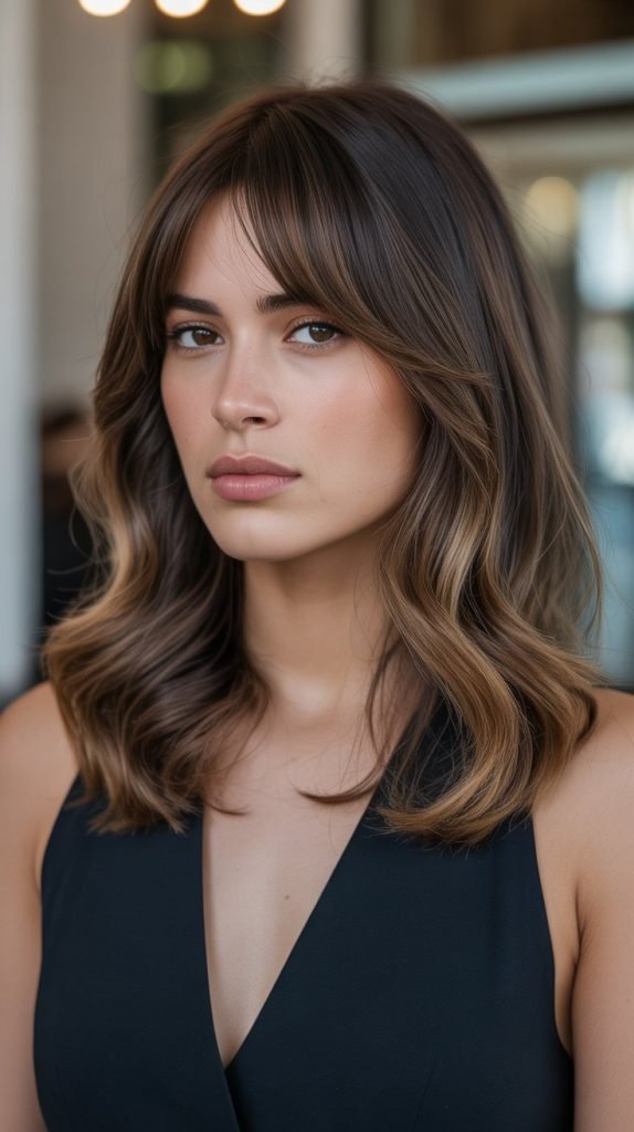 23. Walnut Balayage with Tapered Bangs