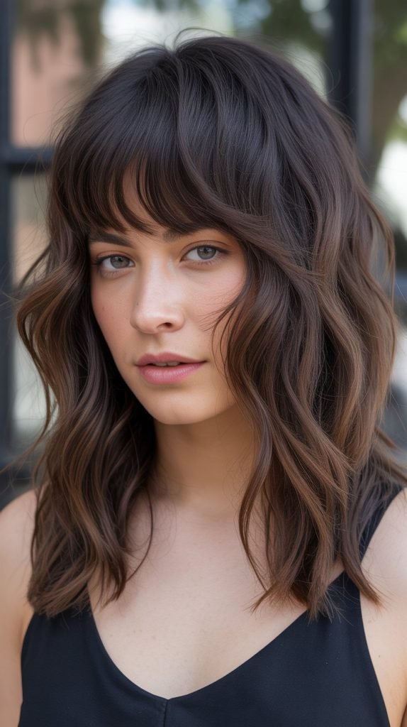 10. Cinnamon Balayage with Straight-Across Bangs