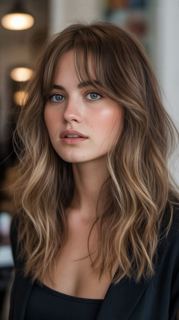 24. Honey Wheat Balayage with Disconnected Bangs