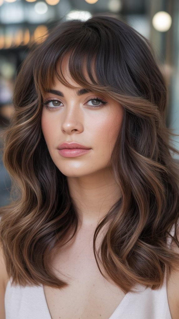 19. Amber Balayage with Edgy Bangs