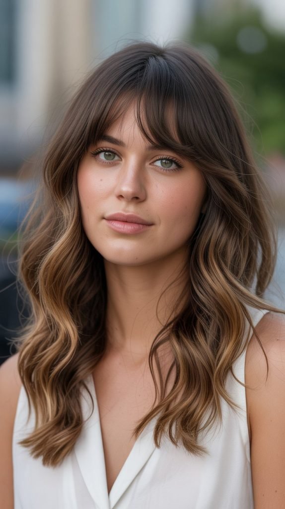 5. Golden Brown Balayage with Wispy Bangs