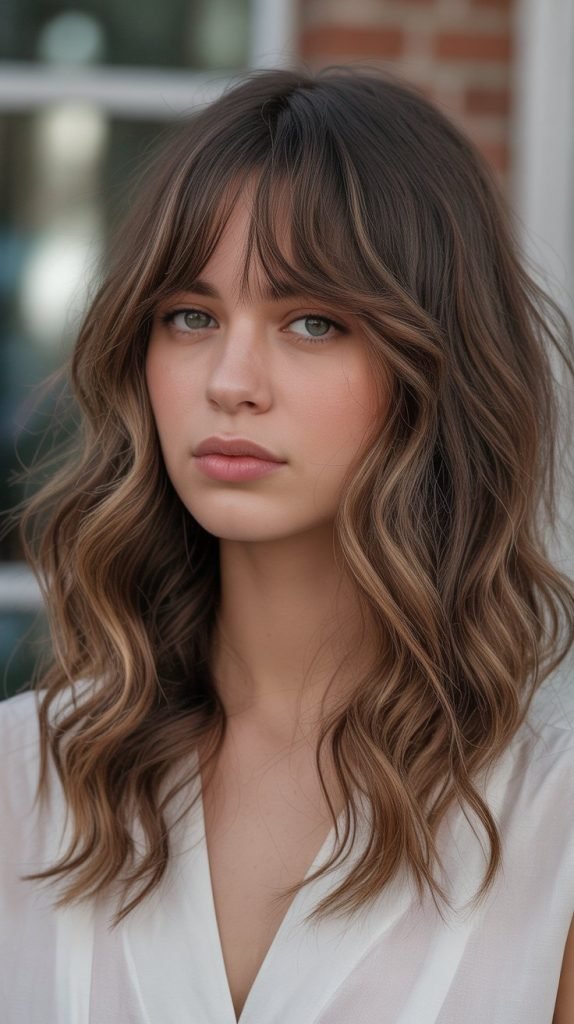 12. Hazelnut Balayage with Piecey Bangs