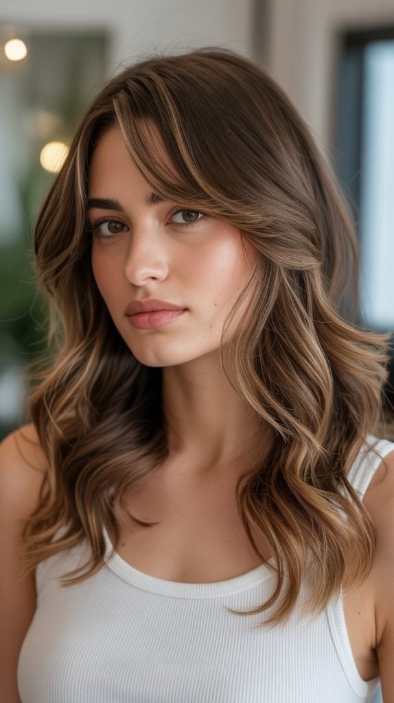 26. Maple Balayage with Side-Parted Bangs