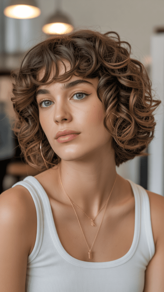 Curly French Bob With Curtain Bangs