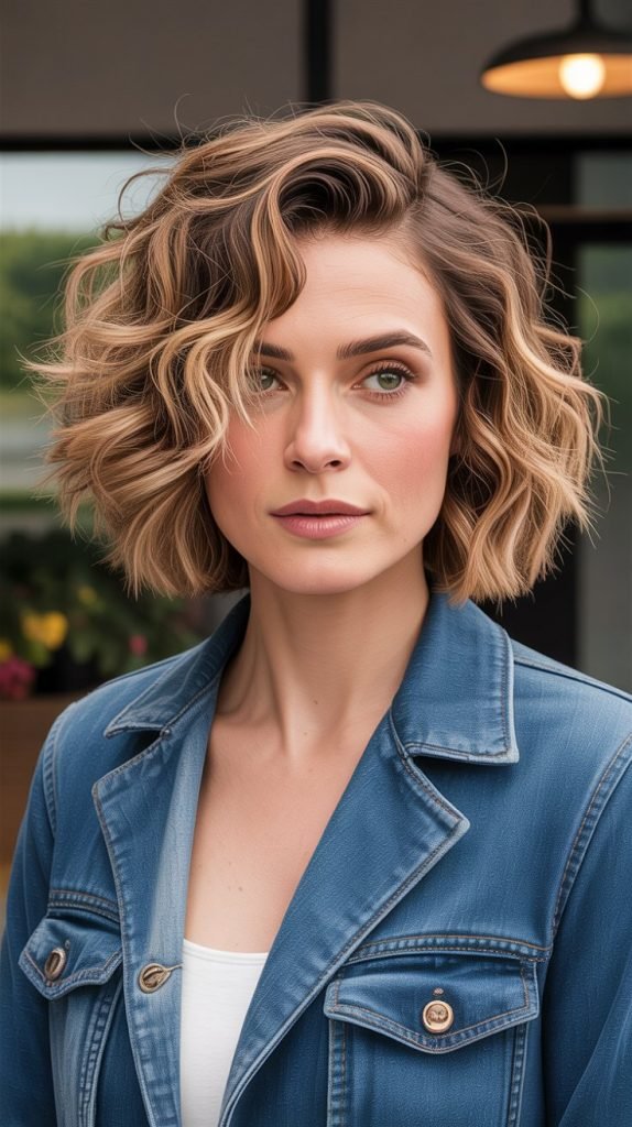 Curly Layered Lob with Balayage Highlights