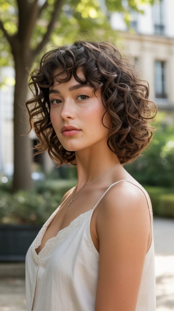 French Bob with Spiral Curls and Curved Bangs