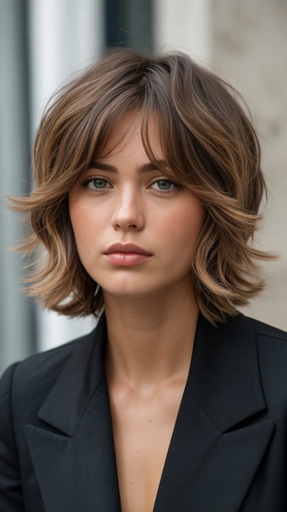 Textured Choppy Layers with Face-Framing Curtain Bangs