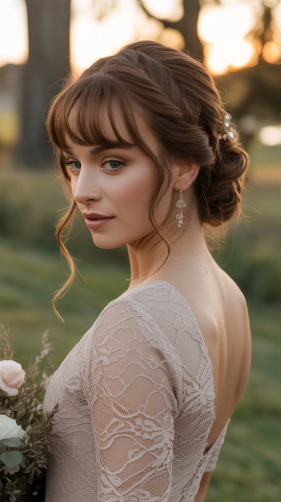  Twisted Side Updo with Wispy Bangs