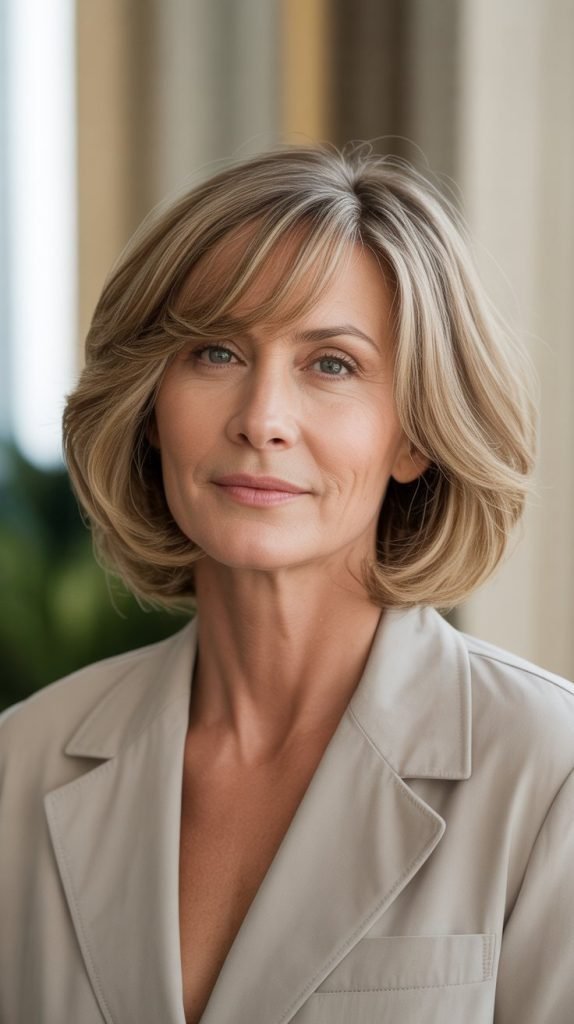 2. Layered Chin Bob with Side-Swept Bangs