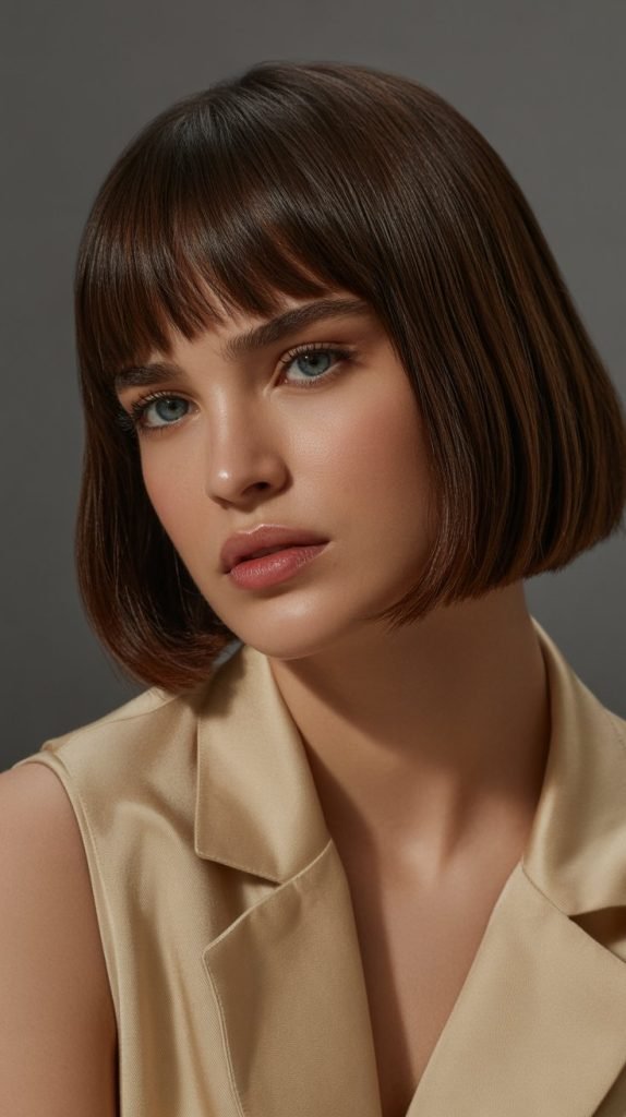 . Sleek Chin Bob with Razor-Cut Curtain Bangs