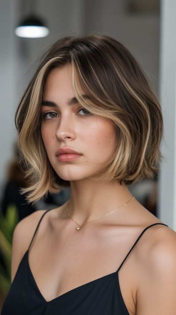  French Bob with Curtain Bangs and Face-Framing Highlights