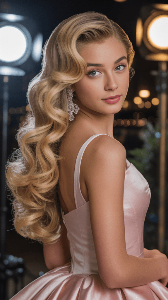 Voluminous Side-Swept Hollywood Curls
