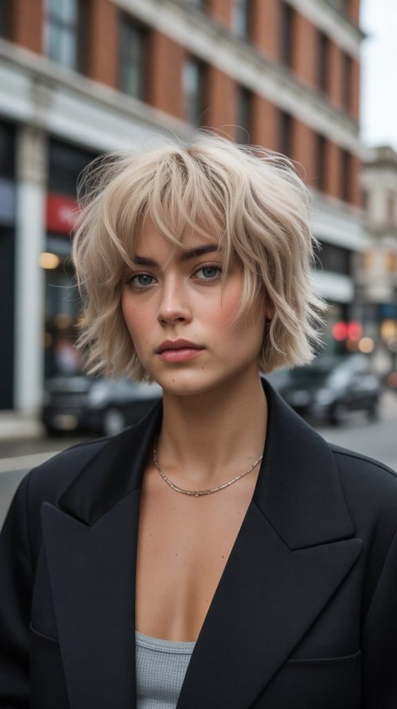 Choppy French Bob with Beige Blonde Bangs