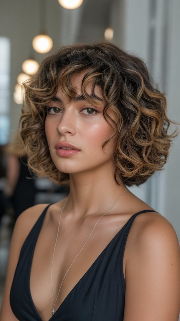 Curly Jaw-Length Bob with Face-Framing Highlights