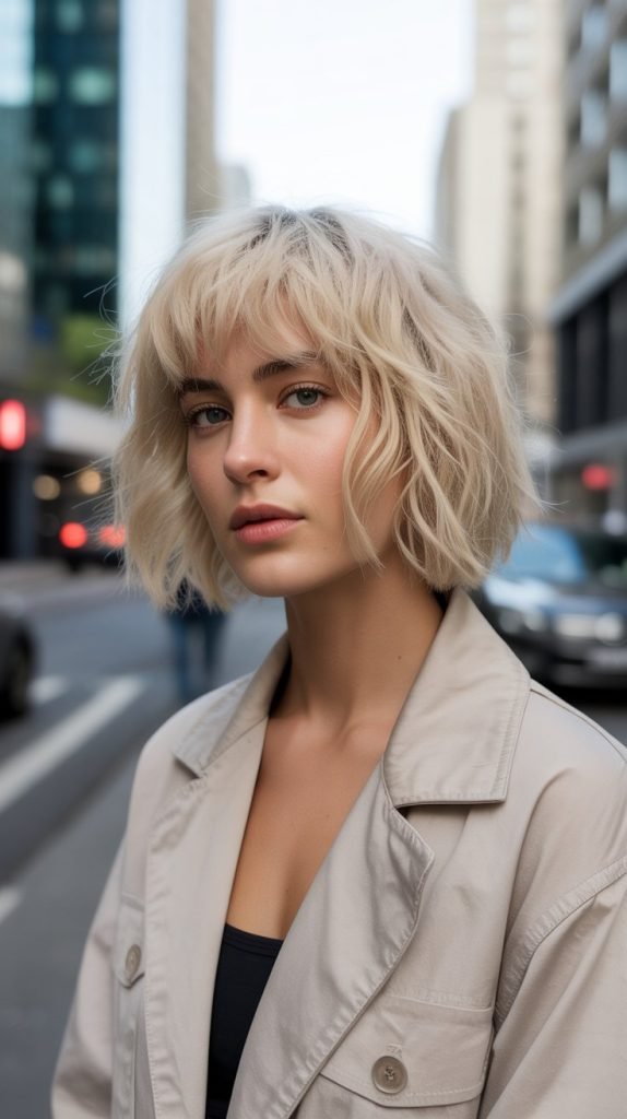 Messy French Bob with Champagne Blonde Bangs