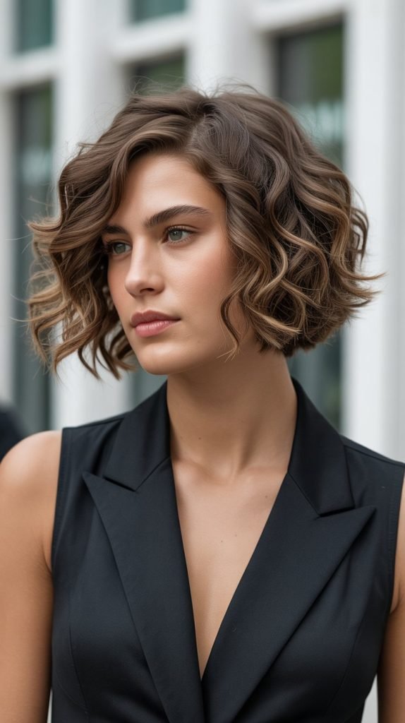  Curly Side-Swept Bob with Angular Layers