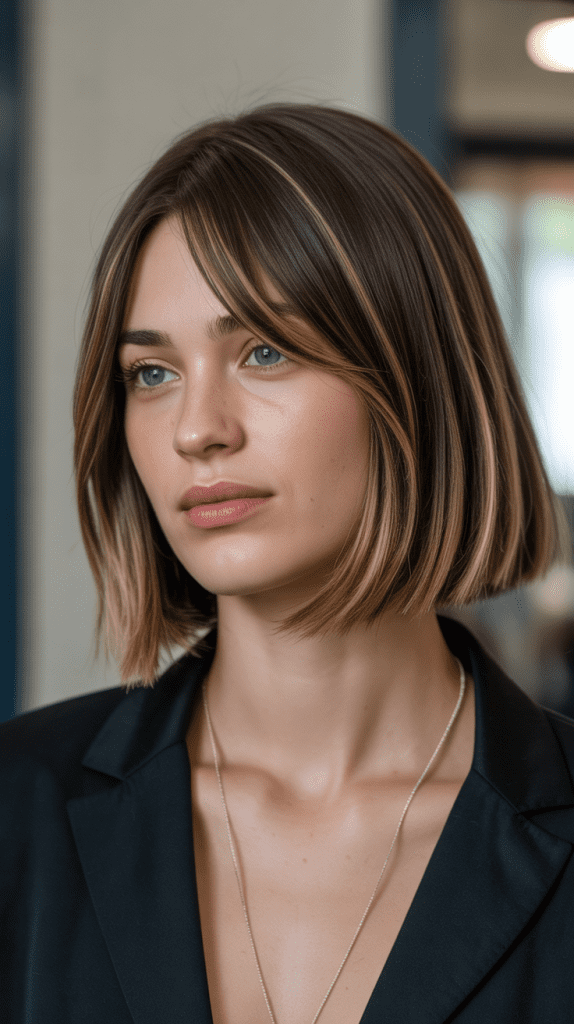 Blunt Bob with Side Bangs and Lowlights
