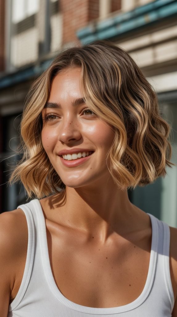 Wavy Bob with Golden Highlights