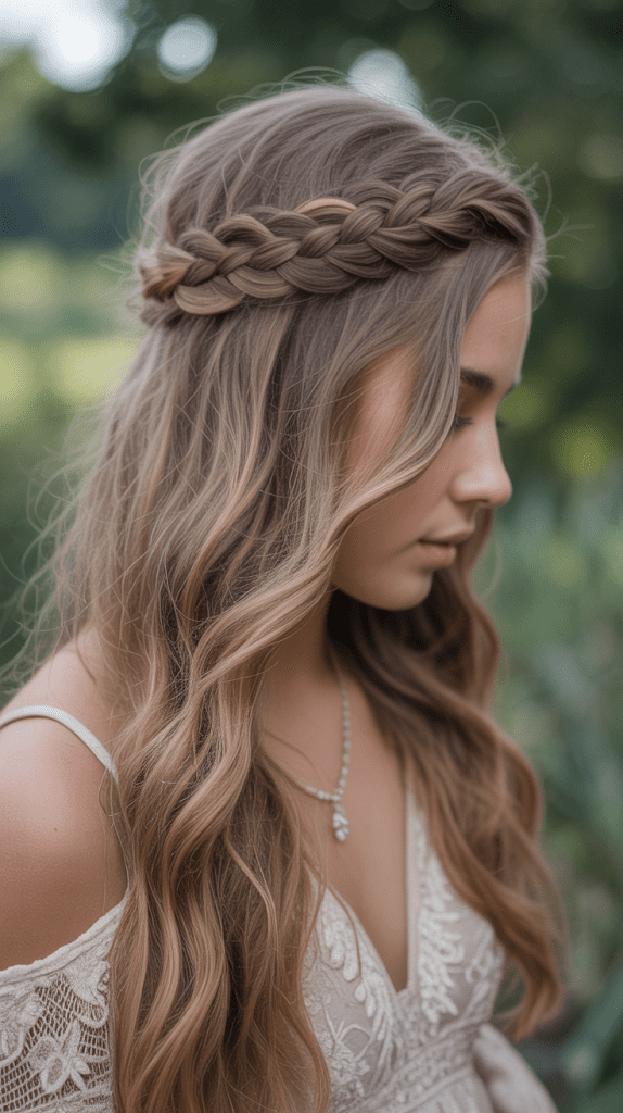 Loose Braided Crown with Flowing Hair