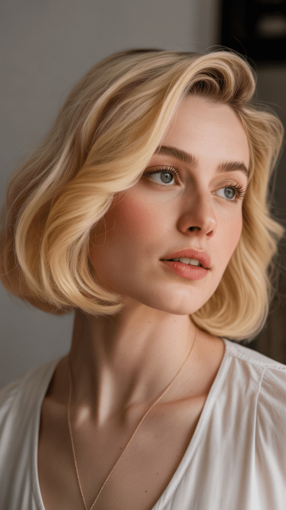 Side-Swept Blonde Bob with Romantic Flair