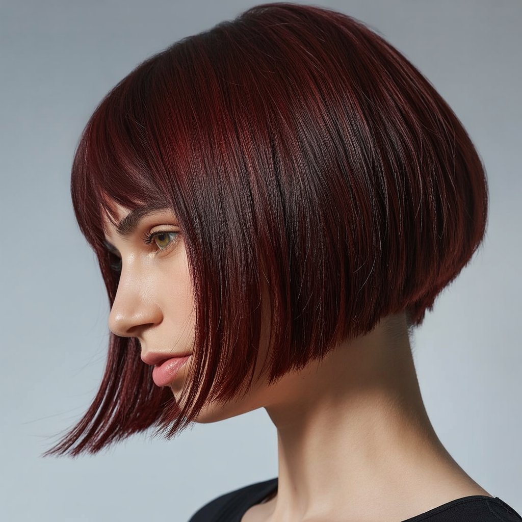Angled French Bob with Swoopy Curtain Bangs
