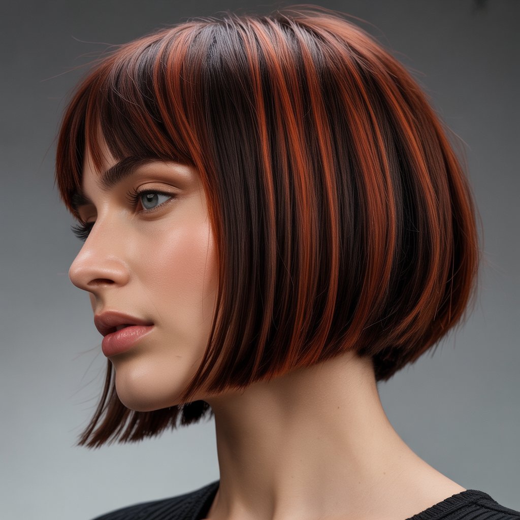 Inverted French Bob with Angled Curtain Bangs
