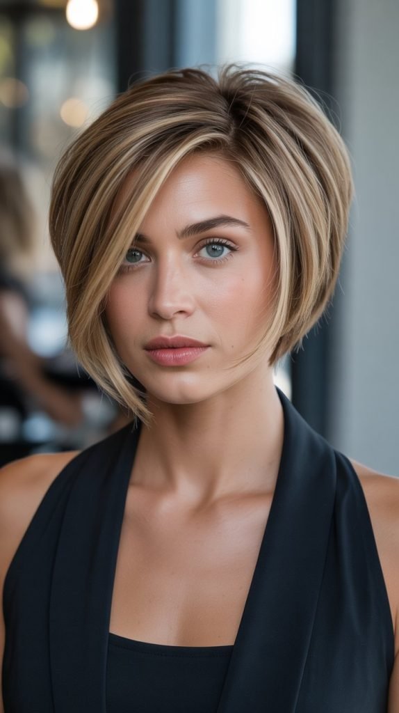  Stacked Bob with Swoopy Bangs