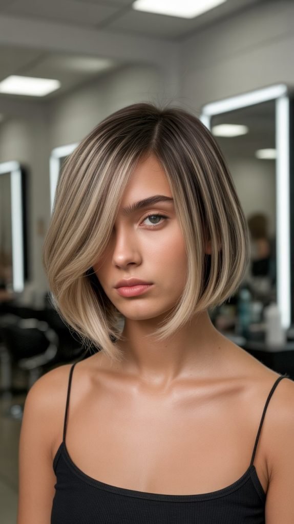 4. Asymmetrical Chin Bob with Curtain Bangs