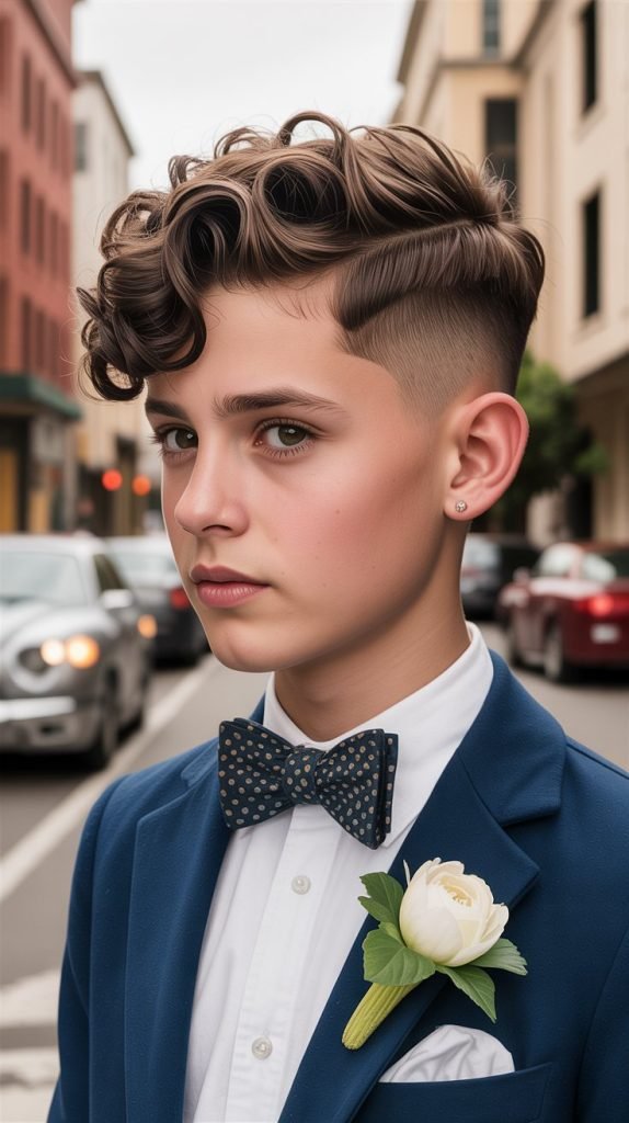 Curly Side Part with Low Fade