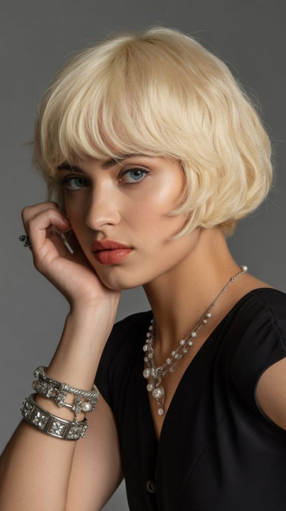 . Short French Bob with Pearl Blonde Bangs