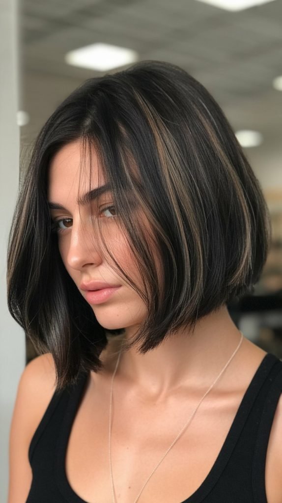 Blunt Black Bob with Subtle Highlights