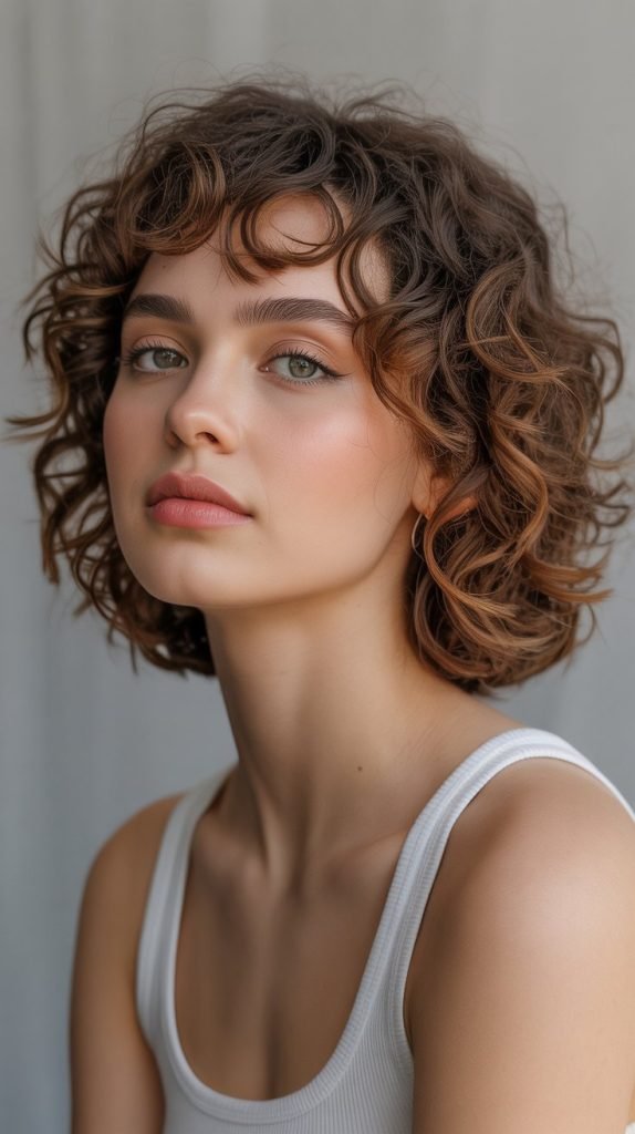 25. Curly Chin Bob with Side-Swept Bangs