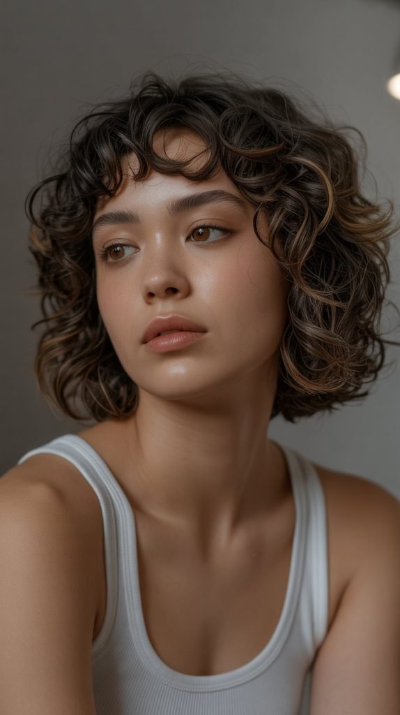 7. Curly Chin Bob with Micro Bangs