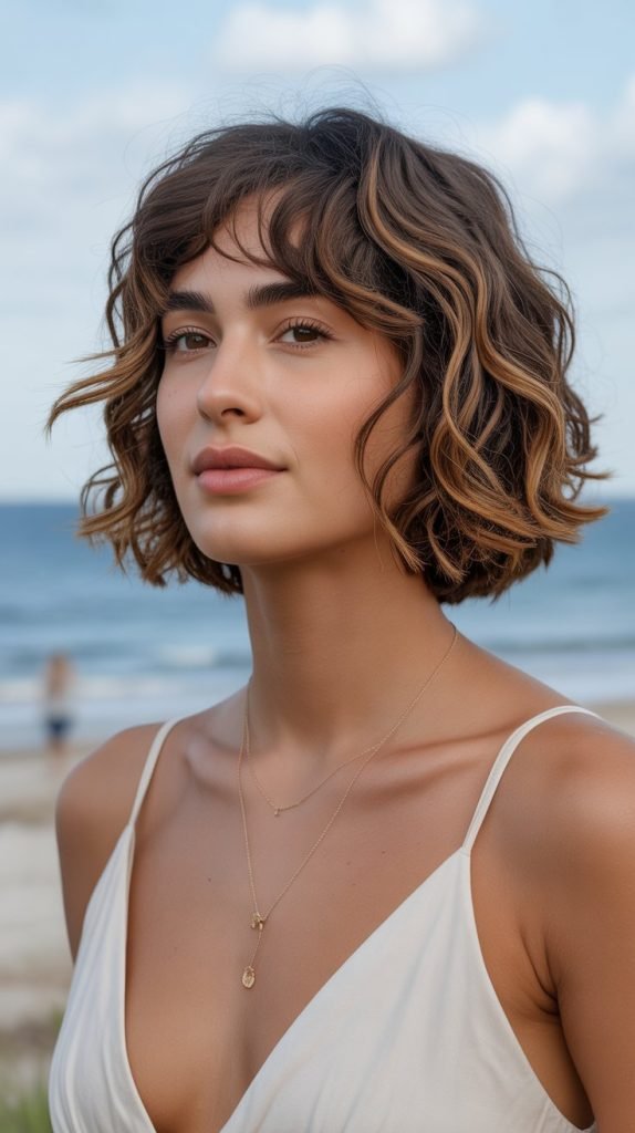 23. Wavy Chin Bob with Long Side Bangs